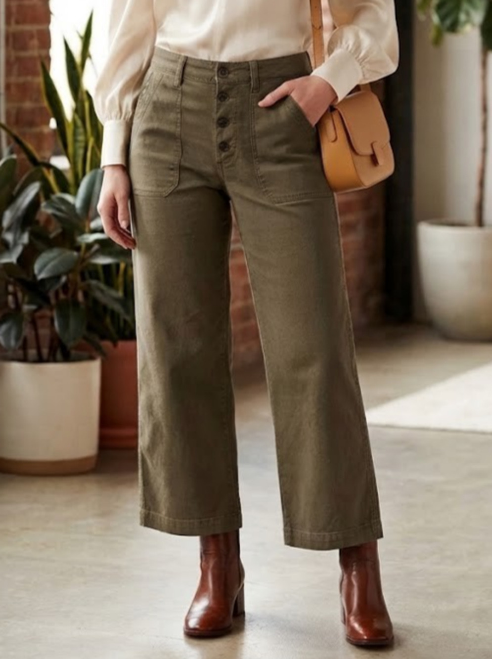 myB Utility Pants Womens 14 Olive Green Stretch Casual Button Fly Crop Trousers